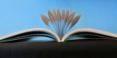 Libro abierto con la páginas en abanico sobre fondo azul	