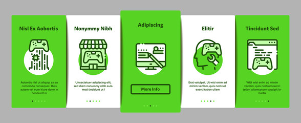 Video Game Development Onboarding Mobile App Page Screen Vector. Game Development, Coding And Design, Developing Phone App And Web Site Illustrations