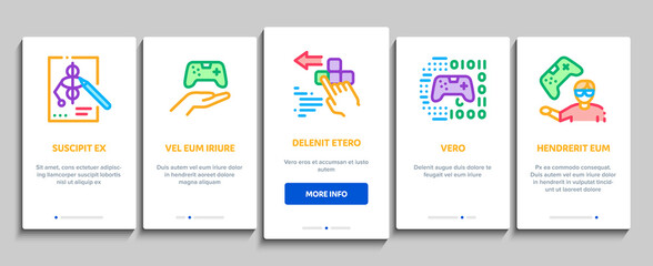 Fototapeta premium Video Game Development Onboarding Mobile App Page Screen Vector. Game Development, Coding And Design, Developing Phone App And Web Site Illustrations
