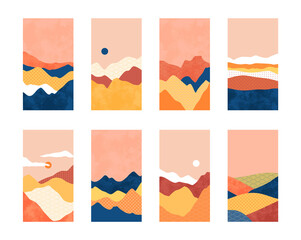 Asian style mountain landscape illustration set on isolated background. Abstract nature environment with sunset and minimalist textures for phone wallpaper, travel brochure or summer design.