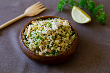 Greek Style Chicken with Cauliflower Rice, lemon and Parsely