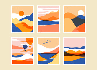 Trendige Berglandschaftsillustration auf isoliertem Hintergrund. Abstrakte Naturumgebung mit Sonnenuntergang, Sanddünen, Strandküste. Sommerferienkonzept. Postkarten aus aller Welt.