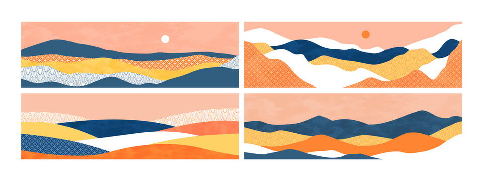Abstract mountain landscape illustration set on isolated background. Horizontal nature environment banner with sunset and minimalist textures for travel brochure or summer design concept. © Dedraw Studio