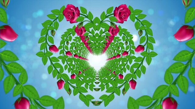 Romantic Heart Rose Vine Flowers And Green Leaves Tunnel In The Wind With Bright Blue Sparkling Glitter Blurry Light Optical Bokeh And Separated Background, Seamless Loop Animation