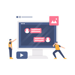 communication concepts, discussion forums, online chat. illustration of two people using the chat application on a laptop and listening to a chat in progress. flat design. can be used for elements