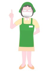 コロナウイルスの感染予防のマスクをしているスーパーマーケットの従業員のポーズ
