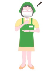 コロナウイルスの感染予防のマスクをしているスーパーマーケットの従業員のポーズ