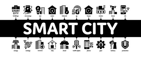 Smart City Technology Minimal Infographic Web Banner Vector. Smart City Tool Traffic Lights And Drone Delivery, Solar Battery And Eco Energy Plant Illustration