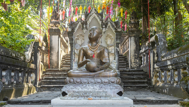 Phayao, Thailand - Dec 1, 2019: Upagupta Buddhist Monk Statue in Analayo Temple or Wat Analayo at Phayao Thailand with Natural Light