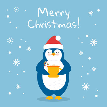 Penguin with cup, lollipop and marshmallows. Winter holidays postcard cartoon flat greeting Merry Christmas. Happy New year animal character. Cute card hand drawn penguin. Isolated vector illustration
