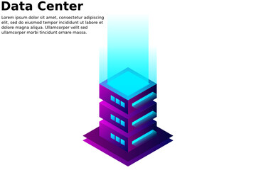 Datacenter isometric vector illustration. Abstract 3d hosting server or data center room background. Network or mainframe infrastructure website header layout. Computer storage or farming workstation.