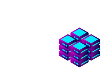 Obraz premium Datacenter isometric vector illustration. Abstract 3d hosting server or data center room background. Network or mainframe infrastructure website header layout. Computer storage or farming workstation.