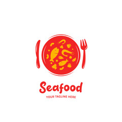 Seafood food restaurant catering logo with fish, mushroom, shrimp, fork and knife on plate icon symbol illustration