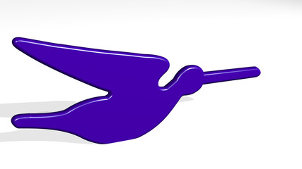 bird made by 3D illustration of a shiny metallic sculpture with the shadow on light background. animal and beautiful