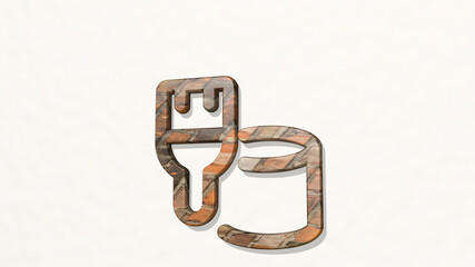 color bucket brush on the wall. 3D illustration of metallic sculpture over a white background with mild texture. abstract and design