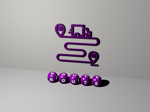3D illustration of route graphics and text made by metallic dice letters for the related meanings of the concept and presentations. road and background