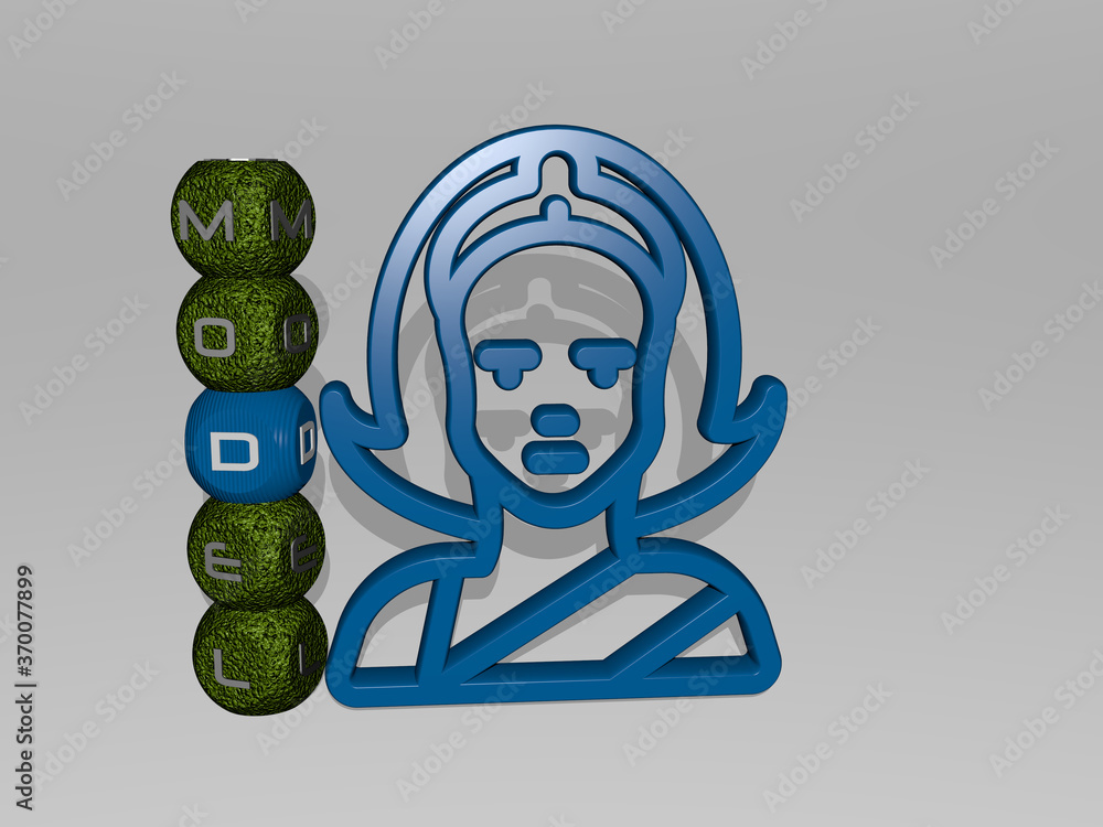 Poster 3d representation of model with icon on the wall and text arranged by metallic cubic letters on a mi