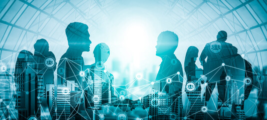 Creative image of many business people conference group meeting on city office building background...