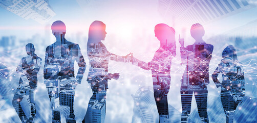 Creative image of many business people conference group meeting on city office building background...