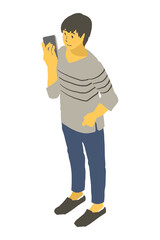 アイソメトリック図法でスマートフォンを見る中性的な人物のベクターイラスト