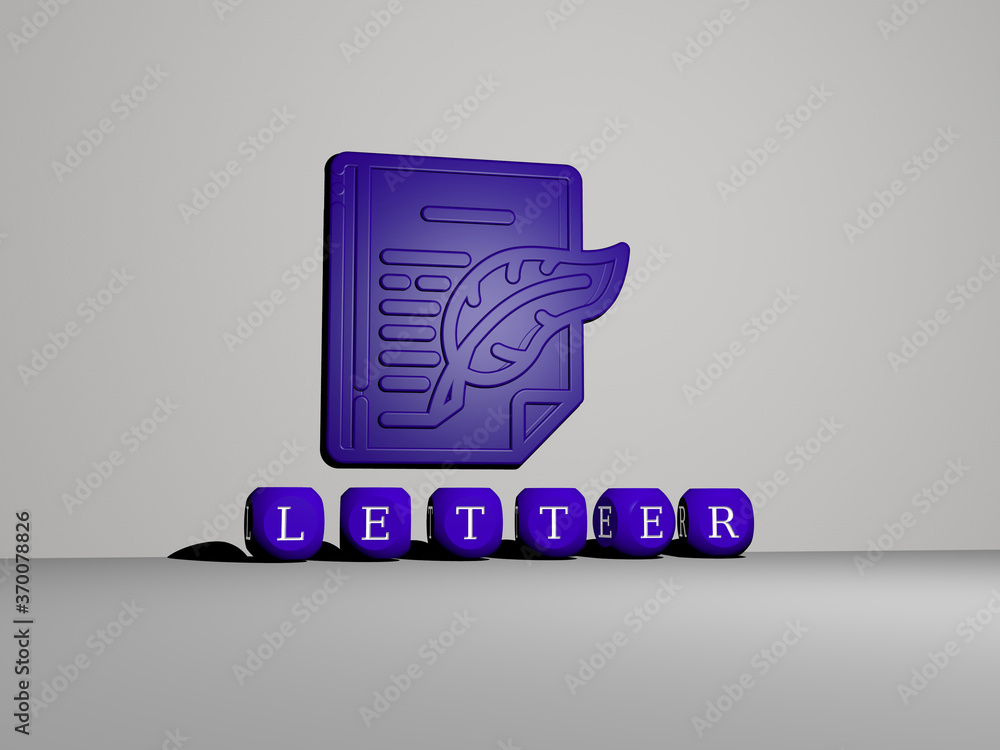 Poster 3d representation of letter with icon on the wall and text arranged by metallic cubic letters on a m