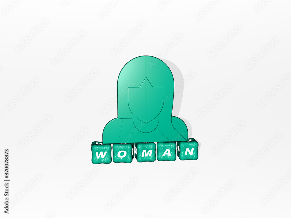 Poster 3d graphical image of woman vertically along with text built by metallic cubic letters from the top 