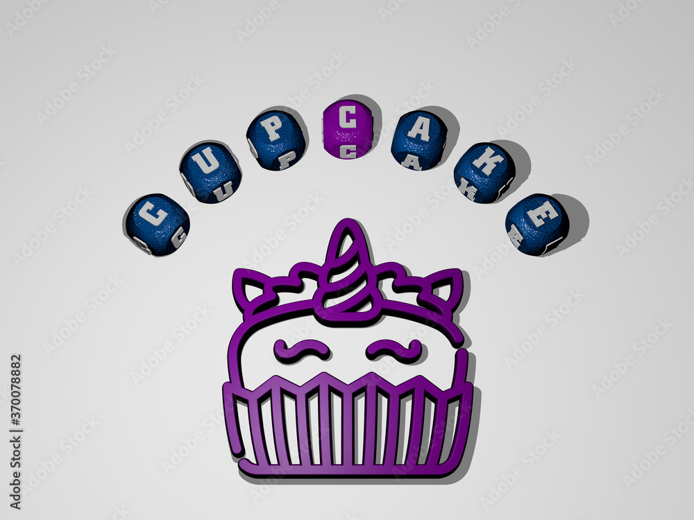 Poster 3d graphical image of cupcake vertically along with text built around the icon by metallic cubic let