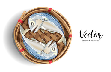 Mackerel in Bamboo basket isolated on white background ,Popular food in Thailand, vector illustration