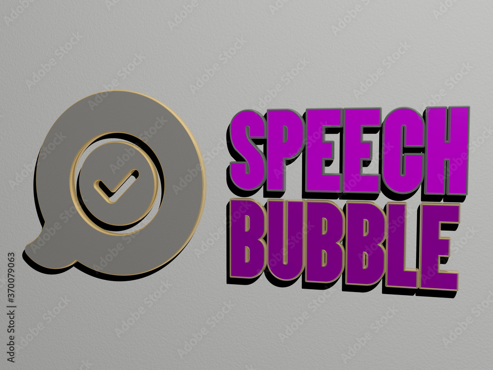 Poster 3d graphical image of speech bubble vertically along with text built by metallic cubic letters from 