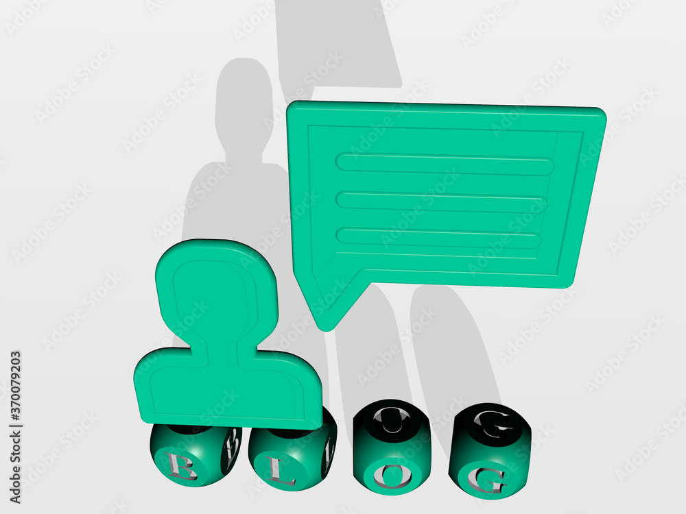 Poster 3d representation of blog with icon on the wall and text arranged by metallic cubic letters on a mir