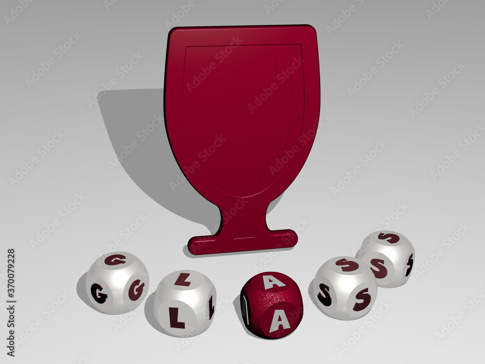 Poster 3D graphical image of GLASS vertically along with text built around the icon by metallic cubic letters from the top perspective, excellent for the concept presentation and slideshows. background