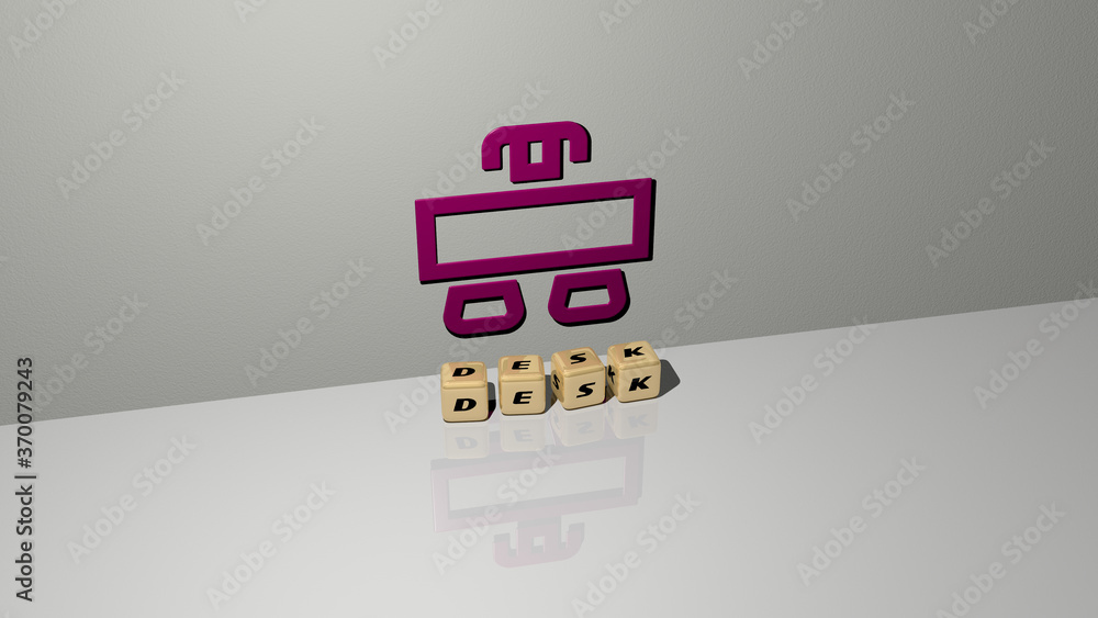 Poster 3d representation of desk with icon on the wall and text arranged by metallic cubic letters on a mir