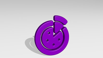 fast food pizza made by 3D illustration of a shiny metallic sculpture with the shadow on light background. design and concept