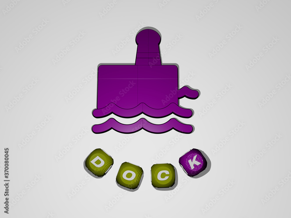 Poster 3d graphical image of dock vertically along with text built around the icon by metallic cubic letter