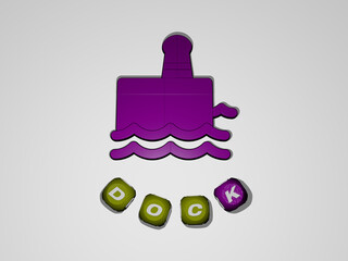 3D graphical image of DOCK vertically along with text built around the icon by metallic cubic letters from the top perspective, excellent for the concept presentation and slideshows. boat and blue