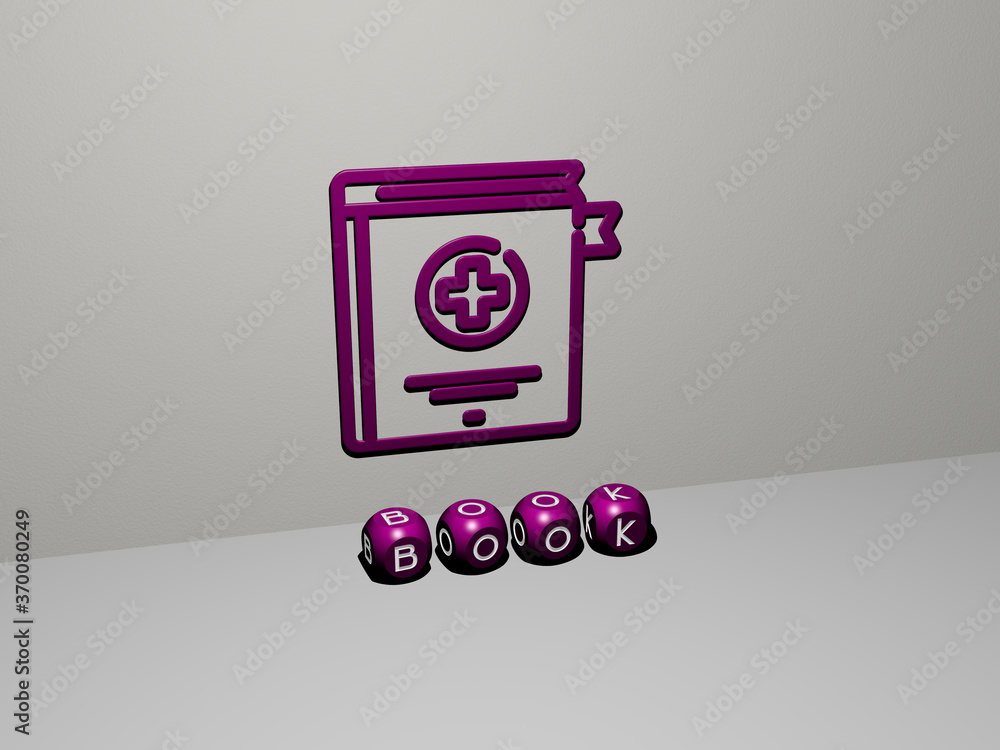 Poster 3d representation of book with icon on the wall and text arranged by metallic cubic letters on a mir