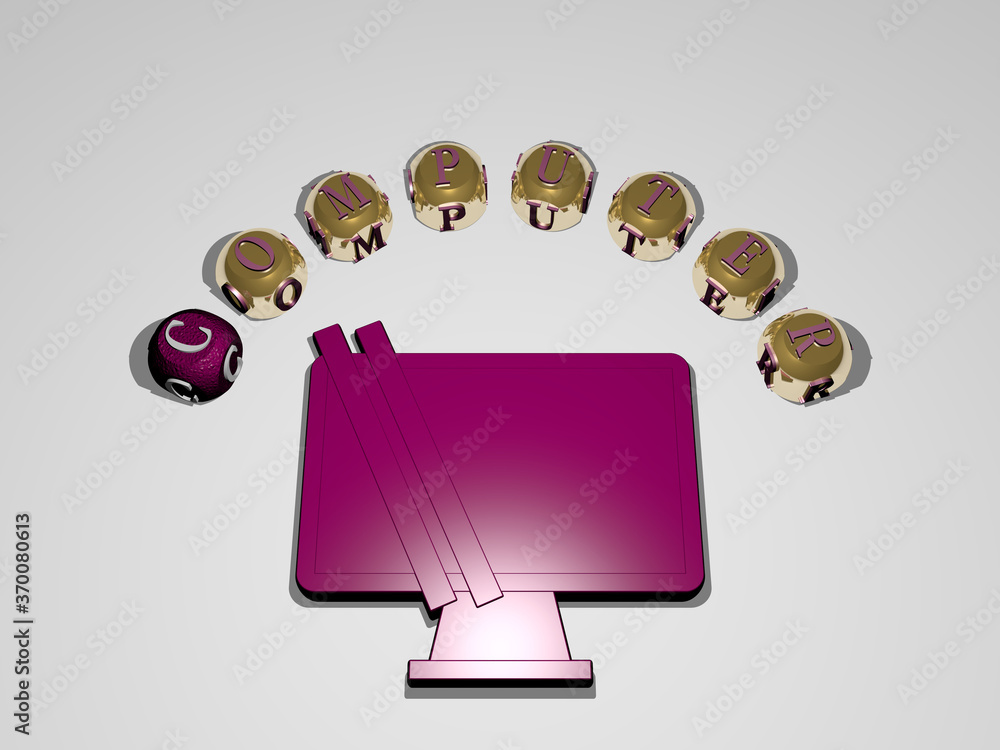 Poster 3d illustration of computer graphics and text around the icon made by metallic dice letters for the 