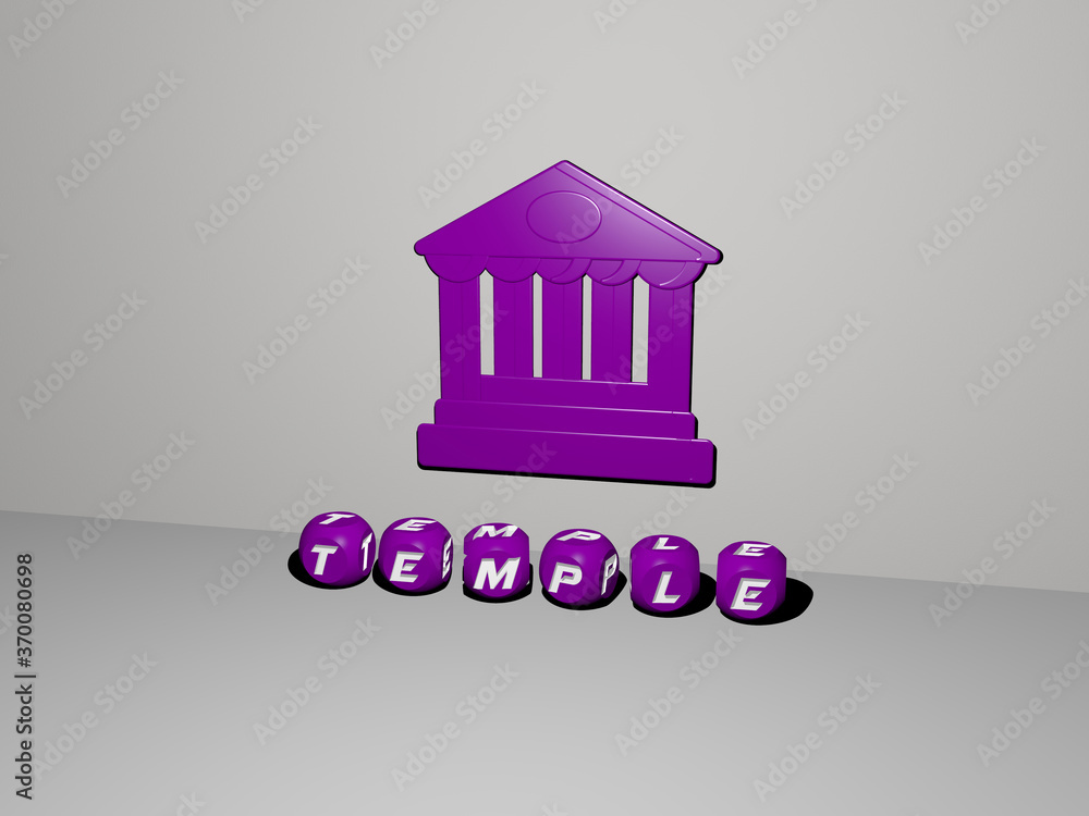 Poster 3d representation of temple with icon on the wall and text arranged by metallic cubic letters on a m