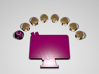 3D illustration of COMPUTER graphics and text around the icon made by metallic dice letters for the related meanings of the concept and presentations. business and background