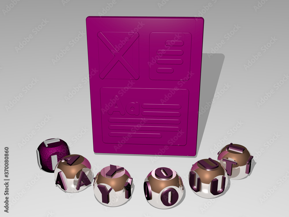 Poster 3d illustration of layout graphics and text around the icon made by metallic dice letters for the re