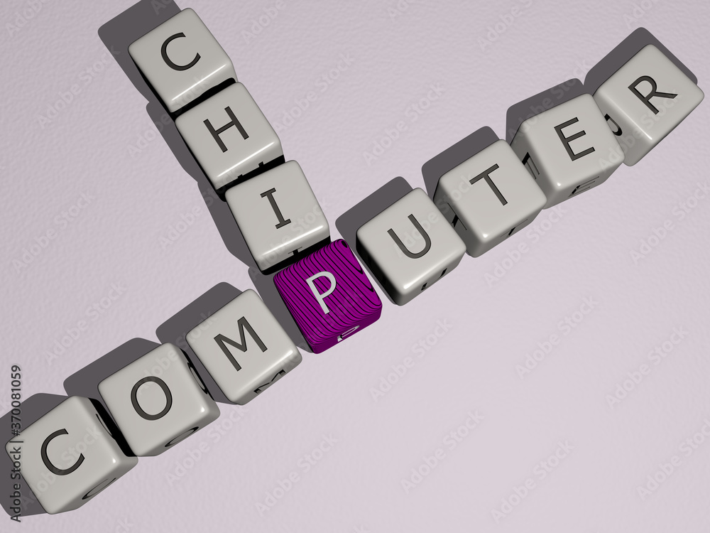 Aufkleber computer chip combined by dice letters and color crossing for the related meanings of the concept. i