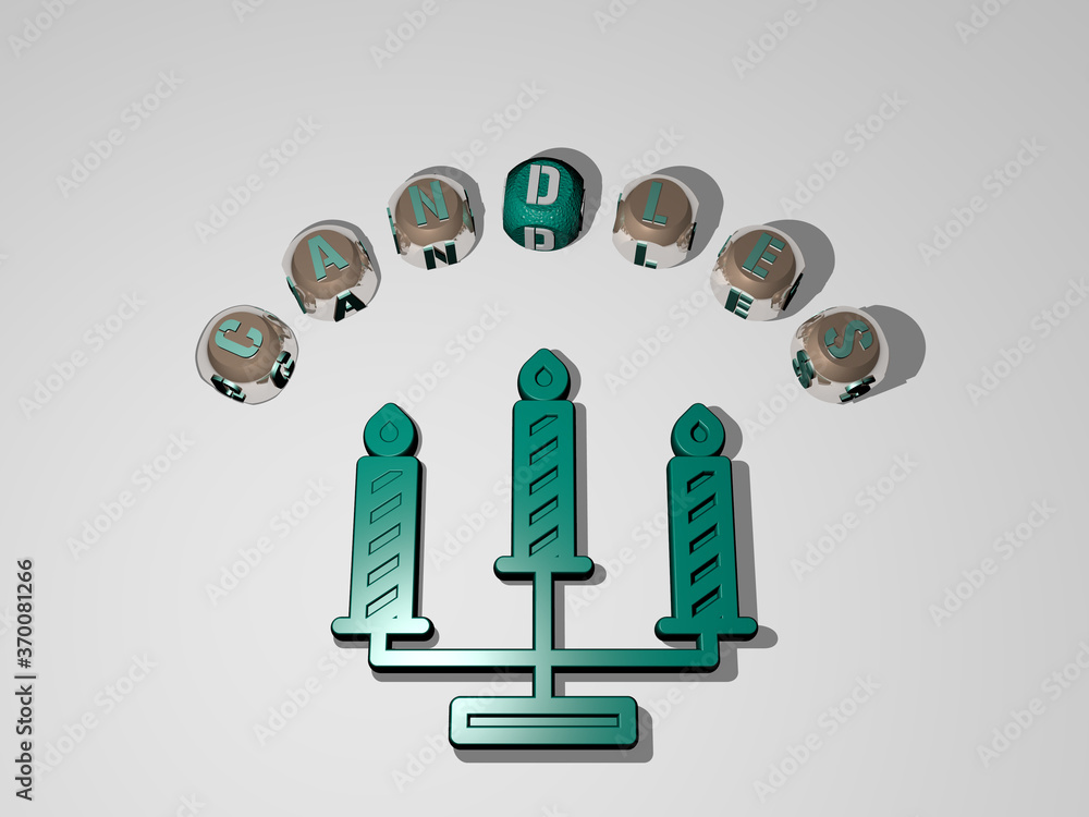 Poster 3d illustration of candles graphics and text around the icon made by metallic dice letters for the r