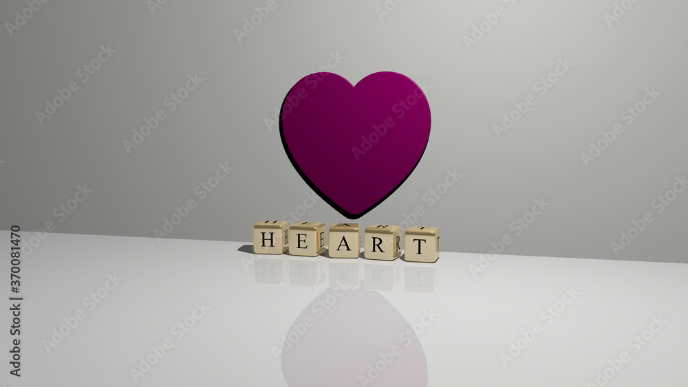 Poster 3d graphical image of heart vertically along with text built by metallic cubic letters from the top 