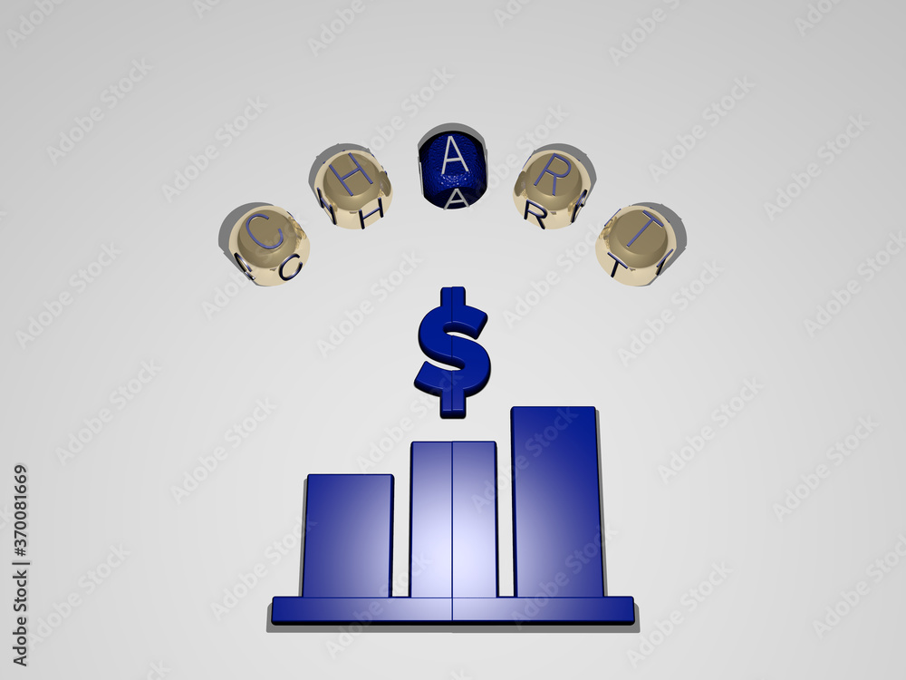 Aufkleber 3d representation of chart with icon on the wall and text arranged by metallic cubic letters on a mi