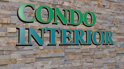 3D illustration of condo interior graphics and text made by metallic dice letters for the related meanings of the concept and presentations. apartment and building