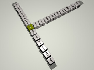 crosswords of technology illustration arranged by cubic letters on a mirror floor, concept meaning and presentation. background and abstract