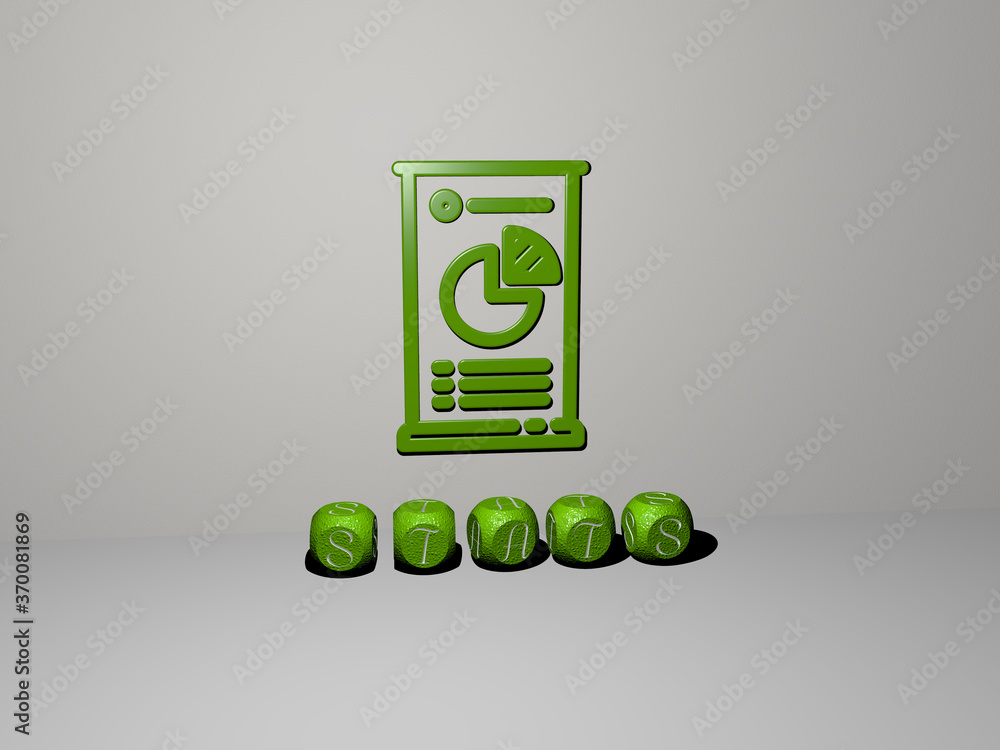 Aufkleber 3d representation of stats with icon on the wall and text arranged by metallic cubic letters on a mi