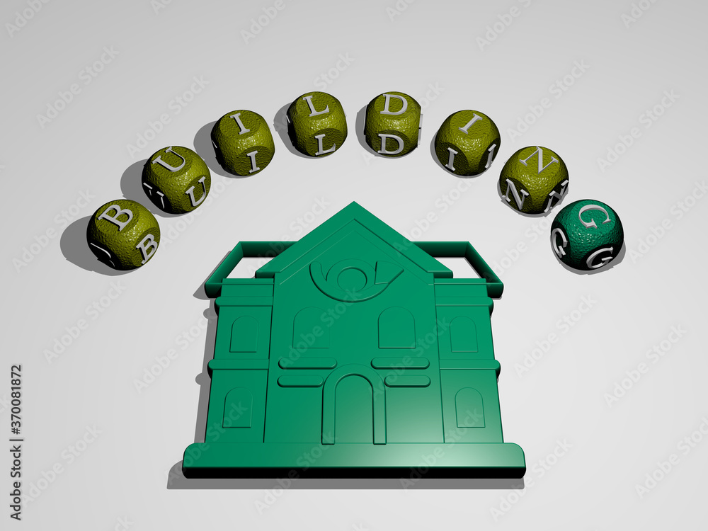 Poster 3d illustration of building graphics and text around the icon made by metallic dice letters for the 