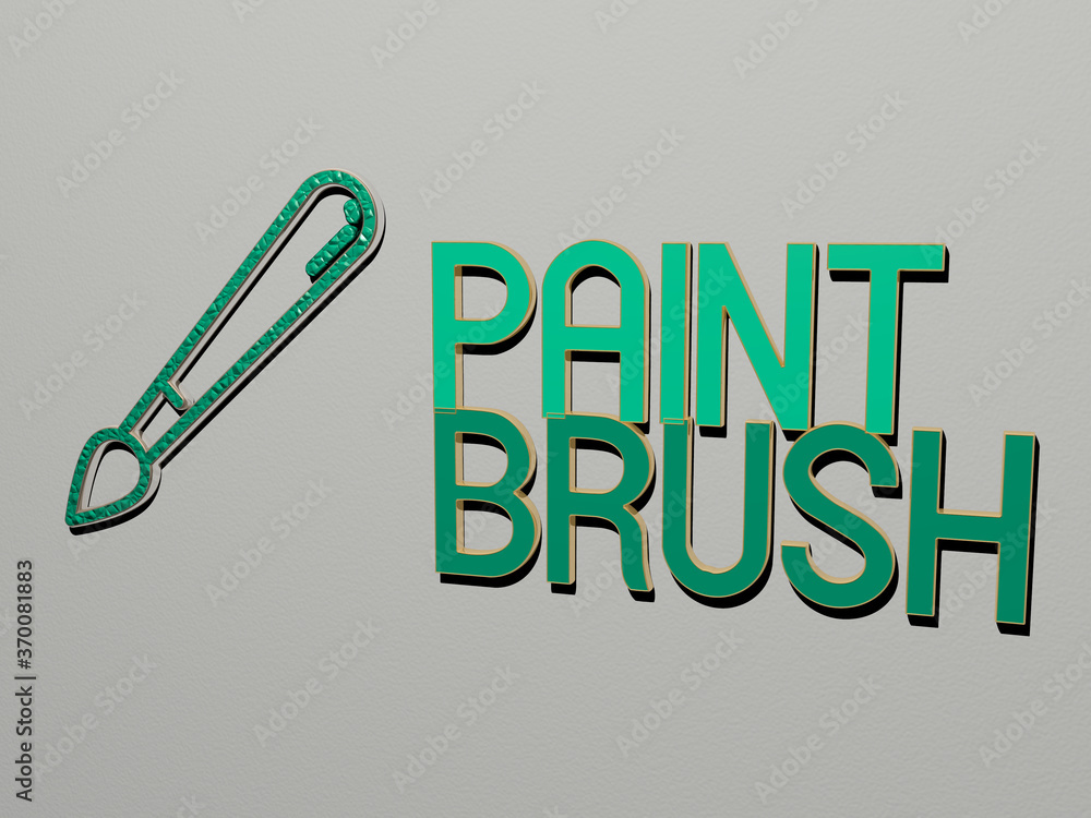 Poster 3d graphical image of paint brush vertically along with text built by metallic cubic letters from th