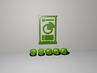 3D representation of stats with icon on the wall and text arranged by metallic cubic letters on a mirror floor for concept meaning and slideshow presentation. business and illustration